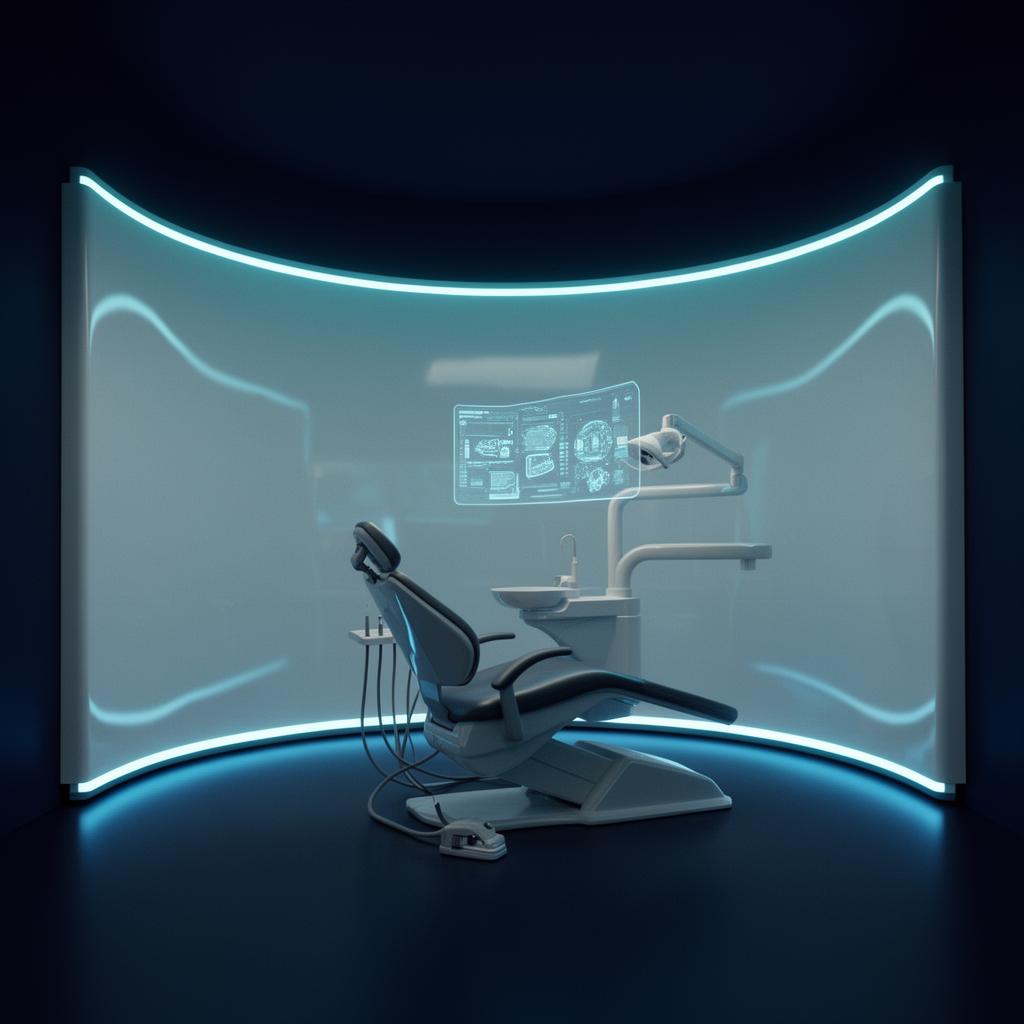 Render 3D de un consultorio dental futurista con iluminación neón azul